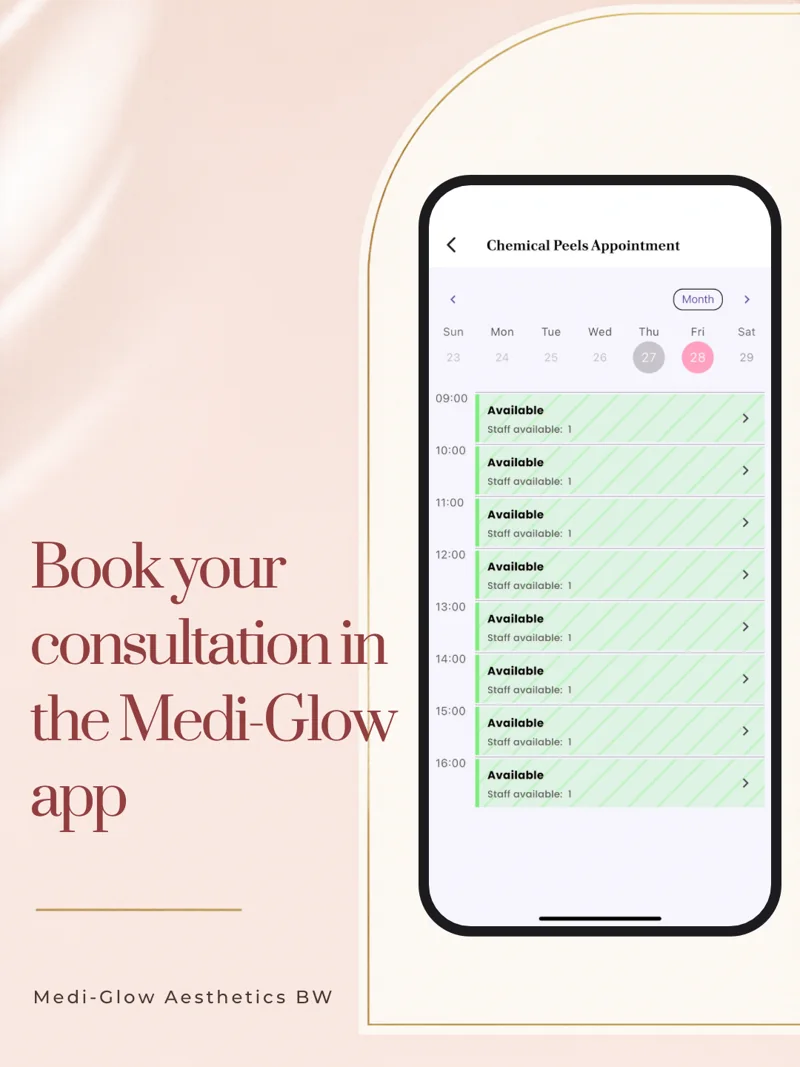 Book your consultation in the Medi-Glow app: booking calendar with available times
