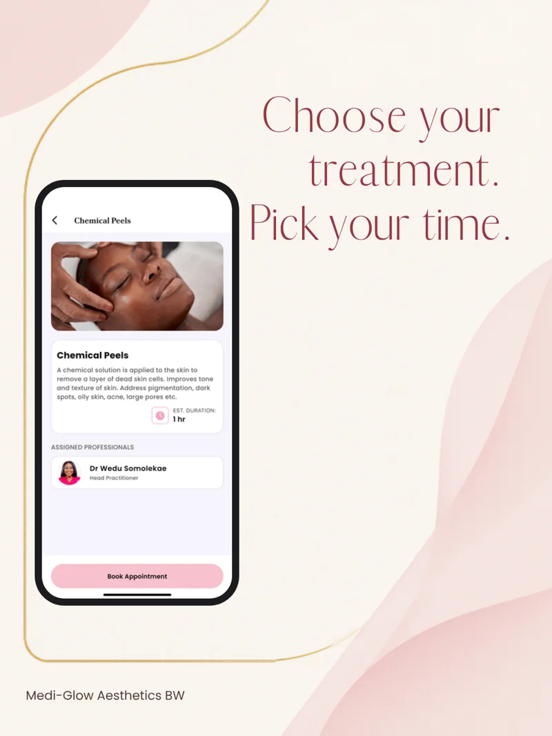 Choose your treatment, pick your time: Chemical Peels page in the Medi-Glow app