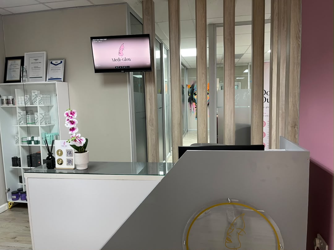 Reception desk and skincare products